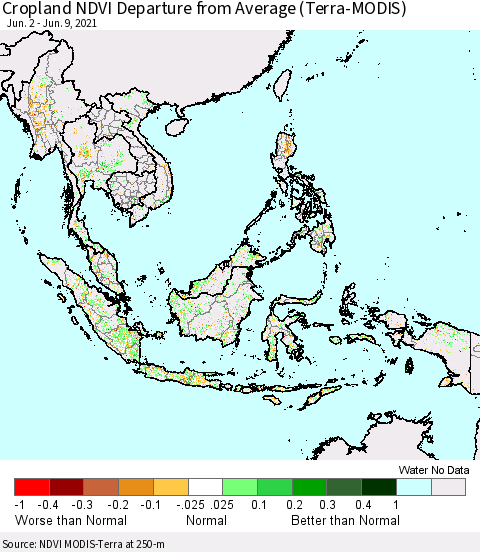 South East Asia Cropland NDVI Departure from Average (Terra-MODIS) Thematic Map For 6/2/2021 - 6/9/2021