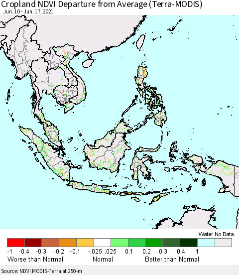 South East Asia Cropland NDVI Departure from Average (Terra-MODIS) Thematic Map For 6/10/2021 - 6/17/2021