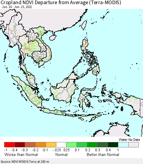 South East Asia Cropland NDVI Departure from Average (Terra-MODIS) Thematic Map For 6/18/2021 - 6/25/2021