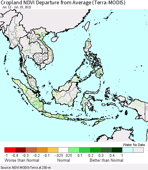 South East Asia Cropland NDVI Departure from Average (Terra-MODIS) Thematic Map For 7/12/2021 - 7/19/2021