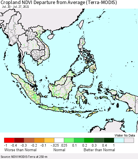 South East Asia Cropland NDVI Departure from Average (Terra-MODIS) Thematic Map For 7/20/2021 - 7/27/2021