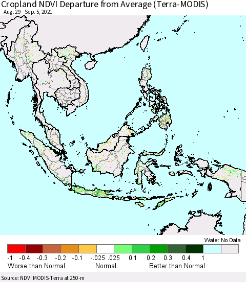 South East Asia Cropland NDVI Departure from Average (Terra-MODIS) Thematic Map For 8/29/2021 - 9/5/2021