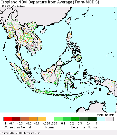 South East Asia Cropland NDVI Departure from Average (Terra-MODIS) Thematic Map For 9/30/2021 - 10/7/2021
