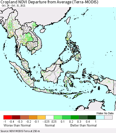 South East Asia Cropland NDVI Departure from Average (Terra-MODIS) Thematic Map For 10/24/2021 - 10/31/2021