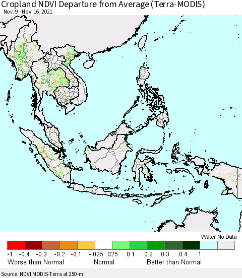 South East Asia Cropland NDVI Departure from Average (Terra-MODIS) Thematic Map For 11/9/2021 - 11/16/2021