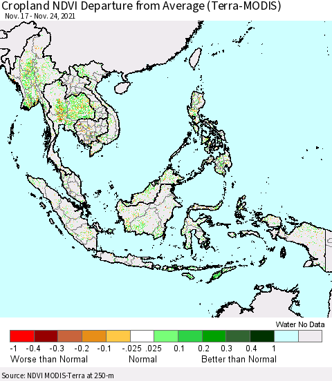 South East Asia Cropland NDVI Departure from Average (Terra-MODIS) Thematic Map For 11/17/2021 - 11/24/2021