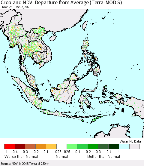 South East Asia Cropland NDVI Departure from Average (Terra-MODIS) Thematic Map For 11/25/2021 - 12/2/2021
