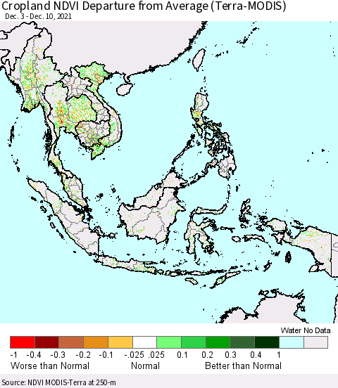 South East Asia Cropland NDVI Departure from Average (Terra-MODIS) Thematic Map For 12/3/2021 - 12/10/2021