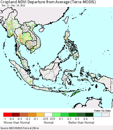 South East Asia Cropland NDVI Departure from Average (Terra-MODIS) Thematic Map For 12/11/2021 - 12/18/2021