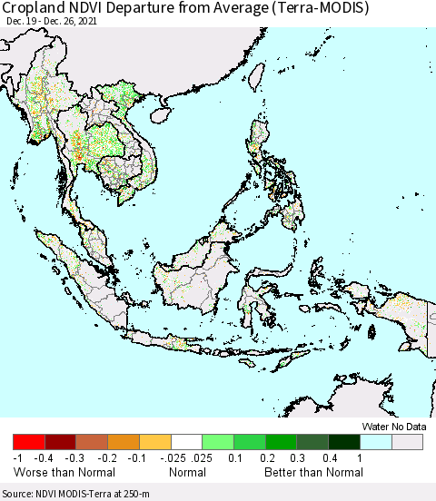 South East Asia Cropland NDVI Departure from Average (Terra-MODIS) Thematic Map For 12/19/2021 - 12/26/2021