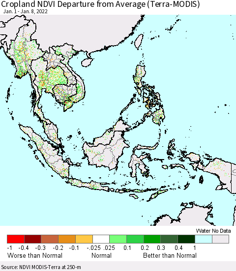 South East Asia Cropland NDVI Departure from Average (Terra-MODIS) Thematic Map For 1/1/2022 - 1/8/2022