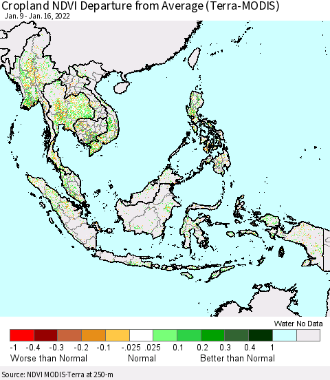 South East Asia Cropland NDVI Departure from Average (Terra-MODIS) Thematic Map For 1/9/2022 - 1/16/2022