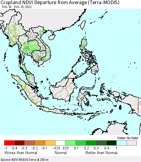 South East Asia Cropland NDVI Departure from Average (Terra-MODIS) Thematic Map For 2/18/2022 - 2/25/2022