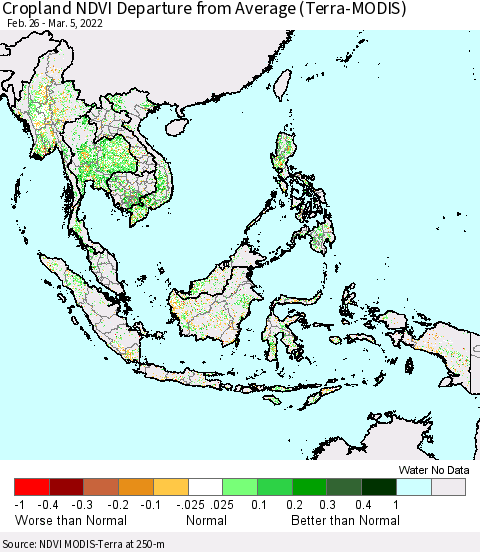 South East Asia Cropland NDVI Departure from Average (Terra-MODIS) Thematic Map For 2/26/2022 - 3/5/2022