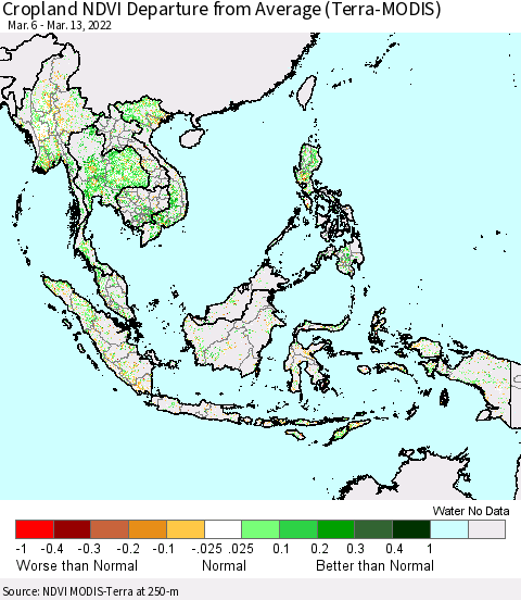 South East Asia Cropland NDVI Departure from Average (Terra-MODIS) Thematic Map For 3/6/2022 - 3/13/2022