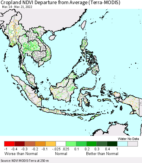 South East Asia Cropland NDVI Departure from Average (Terra-MODIS) Thematic Map For 3/14/2022 - 3/21/2022