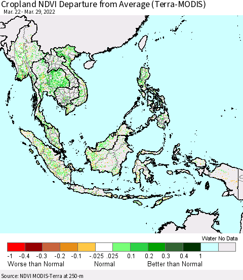 South East Asia Cropland NDVI Departure from Average (Terra-MODIS) Thematic Map For 3/22/2022 - 3/29/2022