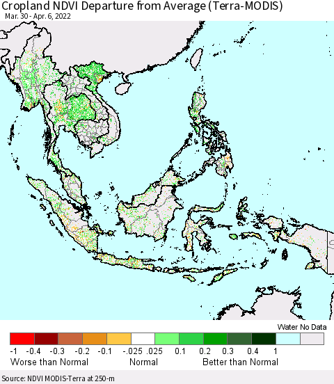 South East Asia Cropland NDVI Departure from Average (Terra-MODIS) Thematic Map For 3/30/2022 - 4/6/2022