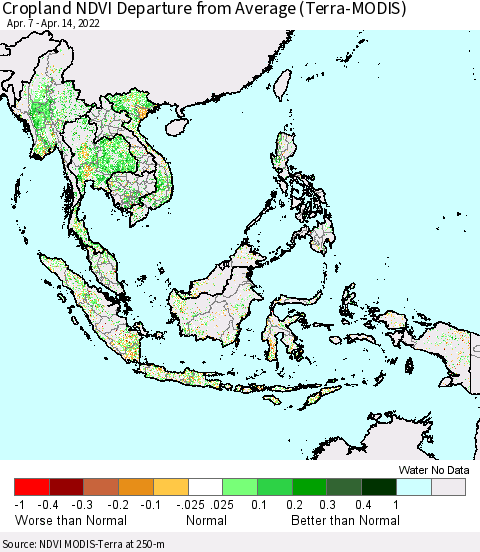 South East Asia Cropland NDVI Departure from Average (Terra-MODIS) Thematic Map For 4/7/2022 - 4/14/2022