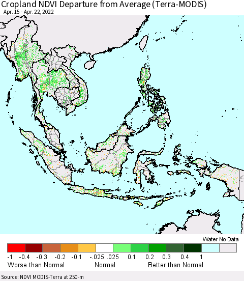 South East Asia Cropland NDVI Departure from Average (Terra-MODIS) Thematic Map For 4/15/2022 - 4/22/2022