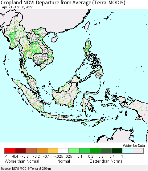 South East Asia Cropland NDVI Departure from Average (Terra-MODIS) Thematic Map For 4/23/2022 - 4/30/2022