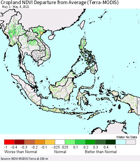 South East Asia Cropland NDVI Departure from Average (Terra-MODIS) Thematic Map For 5/1/2022 - 5/8/2022