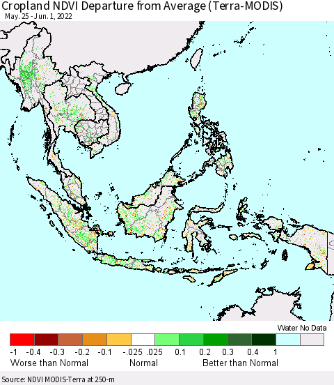 South East Asia Cropland NDVI Departure from Average (Terra-MODIS) Thematic Map For 5/25/2022 - 6/1/2022
