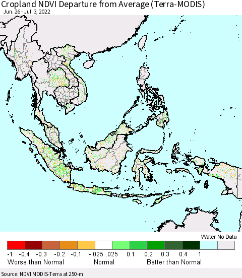 South East Asia Cropland NDVI Departure from Average (Terra-MODIS) Thematic Map For 6/26/2022 - 7/3/2022