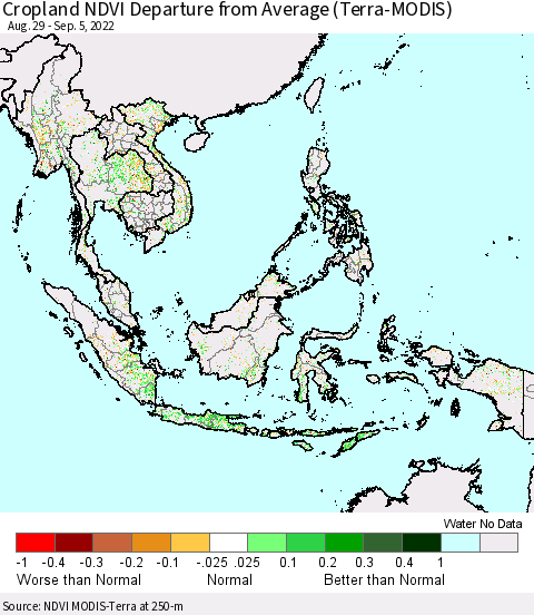 South East Asia Cropland NDVI Departure from Average (Terra-MODIS) Thematic Map For 8/29/2022 - 9/5/2022