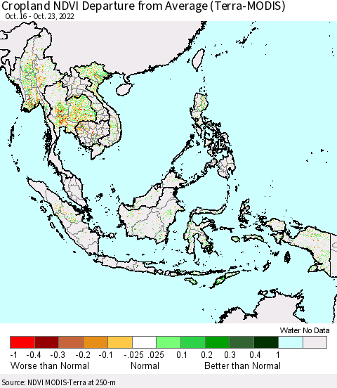 South East Asia Cropland NDVI Departure from Average (Terra-MODIS) Thematic Map For 10/16/2022 - 10/23/2022