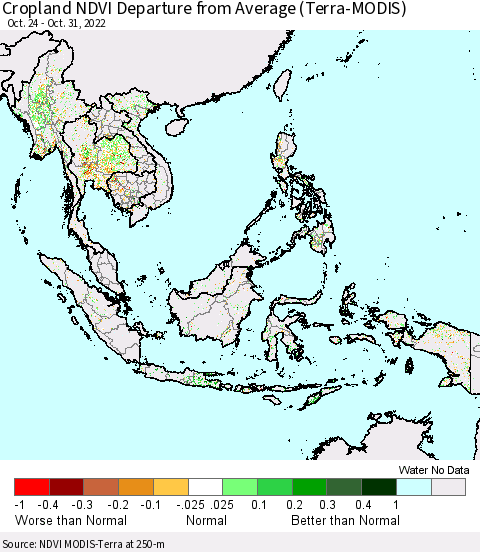 South East Asia Cropland NDVI Departure from Average (Terra-MODIS) Thematic Map For 10/24/2022 - 10/31/2022