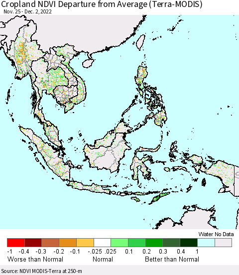 South East Asia Cropland NDVI Departure from Average (Terra-MODIS) Thematic Map For 11/25/2022 - 12/2/2022