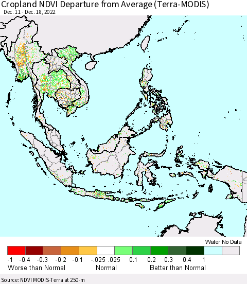 South East Asia Cropland NDVI Departure from Average (Terra-MODIS) Thematic Map For 12/11/2022 - 12/18/2022