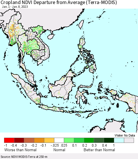 South East Asia Cropland NDVI Departure from Average (Terra-MODIS) Thematic Map For 1/1/2023 - 1/8/2023