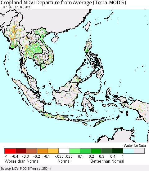 South East Asia Cropland NDVI Departure from Average (Terra-MODIS) Thematic Map For 1/9/2023 - 1/16/2023