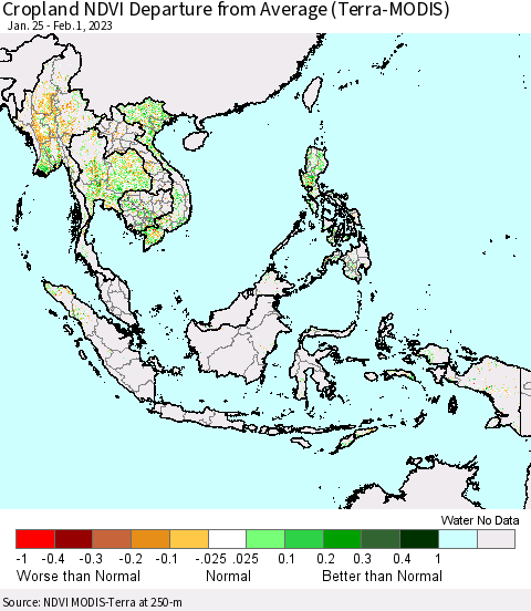 South East Asia Cropland NDVI Departure from Average (Terra-MODIS) Thematic Map For 1/25/2023 - 2/1/2023