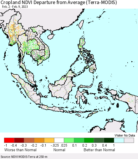 South East Asia Cropland NDVI Departure from Average (Terra-MODIS) Thematic Map For 2/2/2023 - 2/9/2023