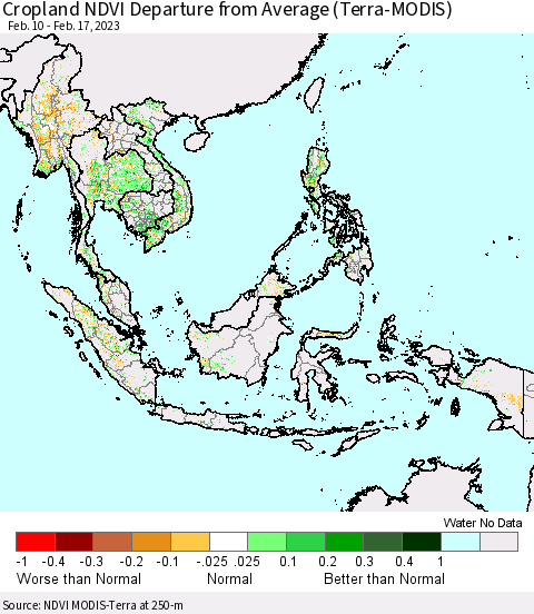 South East Asia Cropland NDVI Departure from Average (Terra-MODIS) Thematic Map For 2/10/2023 - 2/17/2023