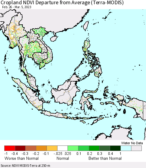 South East Asia Cropland NDVI Departure from Average (Terra-MODIS) Thematic Map For 2/26/2023 - 3/5/2023
