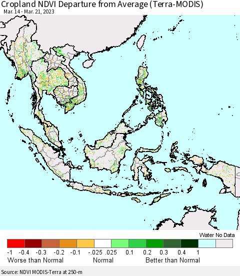 South East Asia Cropland NDVI Departure from Average (Terra-MODIS) Thematic Map For 3/14/2023 - 3/21/2023
