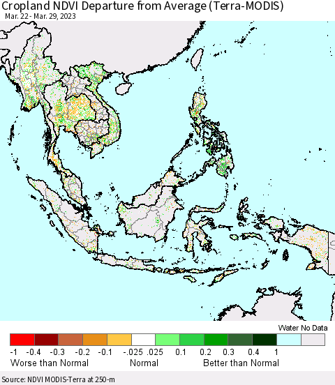 South East Asia Cropland NDVI Departure from Average (Terra-MODIS) Thematic Map For 3/22/2023 - 3/29/2023