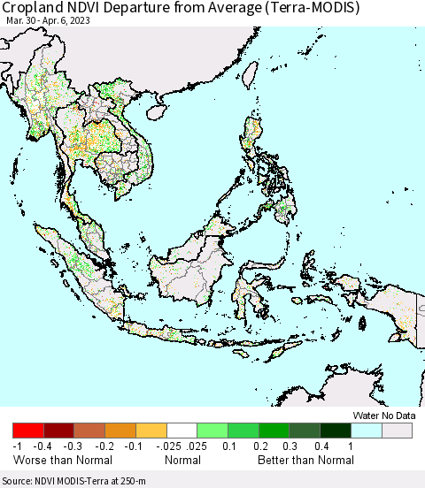 South East Asia Cropland NDVI Departure from Average (Terra-MODIS) Thematic Map For 3/30/2023 - 4/6/2023