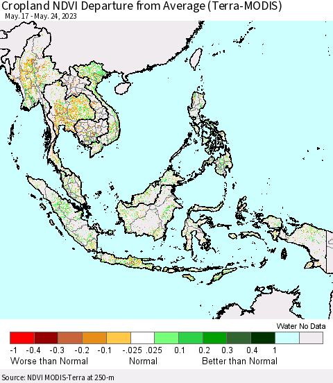 South East Asia Cropland NDVI Departure from Average (Terra-MODIS) Thematic Map For 5/17/2023 - 5/24/2023