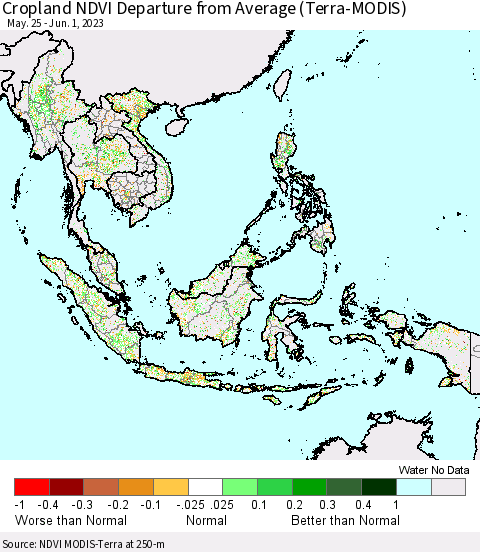 South East Asia Cropland NDVI Departure from Average (Terra-MODIS) Thematic Map For 5/25/2023 - 6/1/2023
