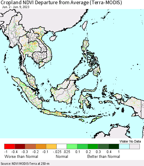 South East Asia Cropland NDVI Departure from Average (Terra-MODIS) Thematic Map For 6/2/2023 - 6/9/2023
