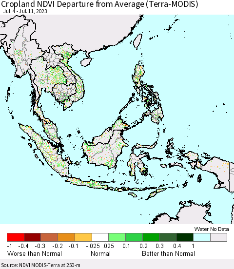 South East Asia Cropland NDVI Departure from Average (Terra-MODIS) Thematic Map For 7/4/2023 - 7/11/2023