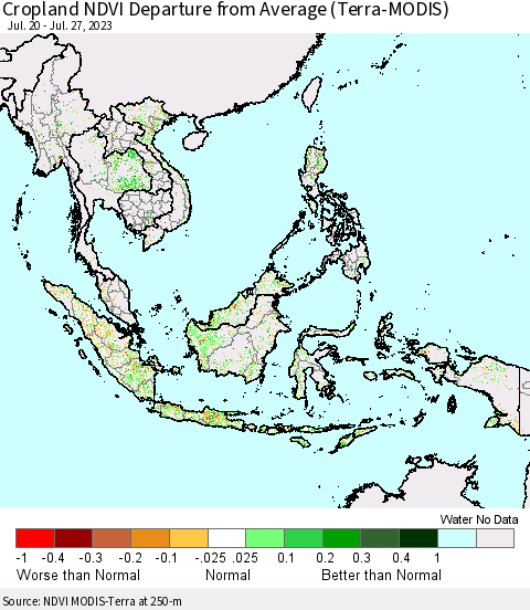 South East Asia Cropland NDVI Departure from Average (Terra-MODIS) Thematic Map For 7/20/2023 - 7/27/2023