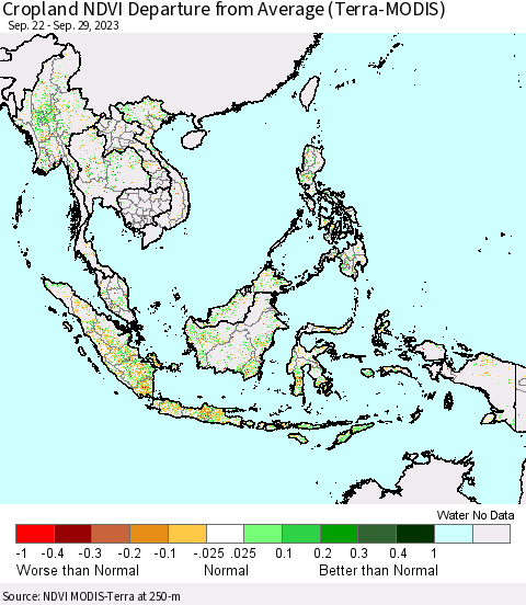 South East Asia Cropland NDVI Departure from Average (Terra-MODIS) Thematic Map For 9/22/2023 - 9/29/2023