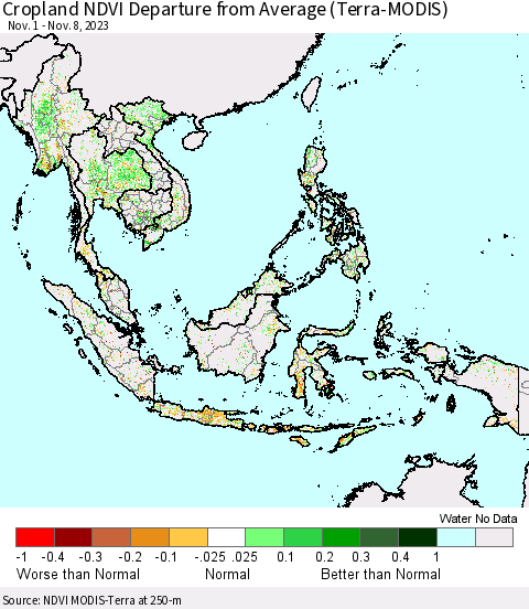 South East Asia Cropland NDVI Departure from Average (Terra-MODIS) Thematic Map For 11/1/2023 - 11/8/2023