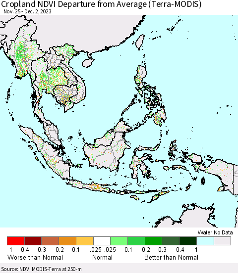 South East Asia Cropland NDVI Departure from Average (Terra-MODIS) Thematic Map For 11/25/2023 - 12/2/2023